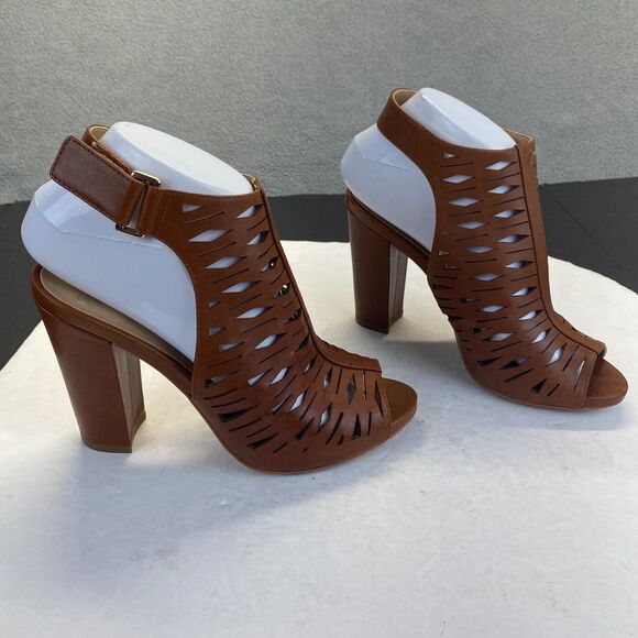 Karl Lagerfeld Shoes - Karl Lagerfeld Rennes Laser Cut Caged Block Leather Peep Toe Buckle Heels 7.5 M